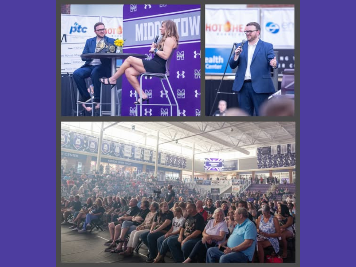 Collage of Clayton Castle interviewing Kayle Harrison on stage, the crowd and Clayton on stage